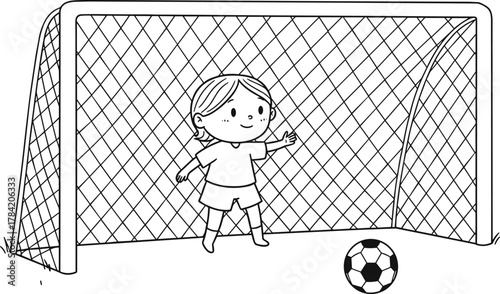 Child goalkeeper smiling in soccer goal, outdoor sports activity, kids football match, youth athlete, net defense, fun game moment, grass field