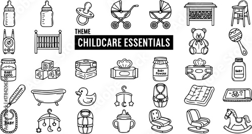 Childcare Essentials Doodle Line Icons Set. Collection of Hand-Drawn Baby Products, Equipment, and Care Supplies Outline Illustrations.
