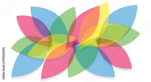 Vibrant, overlapping abstract petals in a rainbow of translucent colors create a modern, dynamic, and cheerful design perfect for creative projects.