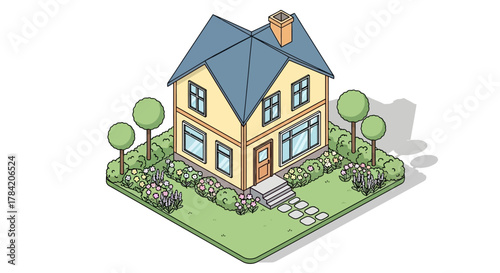 Charming yellow house with a blue roof nestled in a vibrant garden filled with blooming flowers and lush greenery