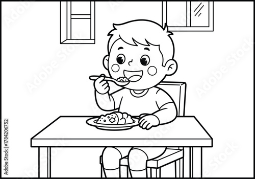 Child eating food at table, indoor meal time, smiling kid with spoon, healthy lunch, black and white line drawing, windows background