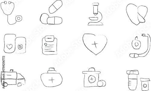 Hand Drawn Doodle Medical, Healthcare, and Emergency Icons Set - Clinical Sketch