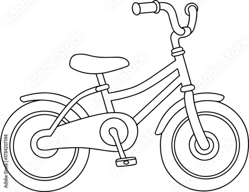 Black and white bicycle drawing, line art bike, simple cycle sketch, child bike illustration, pedals, chain guard, wheels, seat, handlebars