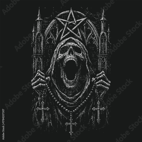 Gothic Dark Art Skeleton Holding Cross Necklace on Black Background