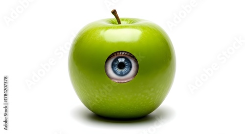 Conceptual photo manipulation of a crisp green apple with a realistic human eye peering from its core on a white background