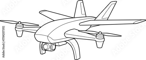 Hybrid drone, fixed-wing UAV, aerial camera, surveillance aircraft, quadcopter, gimbal system, flying robot, aviation, technology, remote control, propellers, wings, tail fin, dual lens,