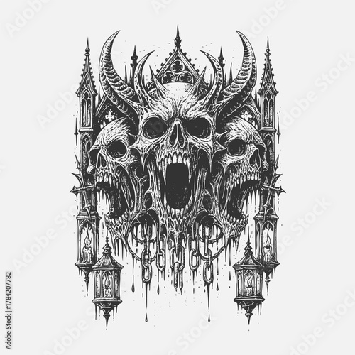 Dark Art Three Screaming Demon Skeleton Skulls with Gothic Elements Vector