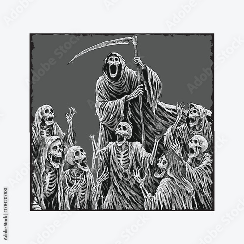 Dark Gothic Grim Reaper Slaying Skeleton with Scythe Vector