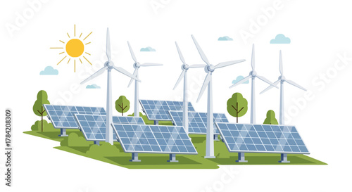 Sustainable energy farm featuring solar panels and wind turbines under a bright sun, representing clean power generation and environmental responsibility for a greener future.