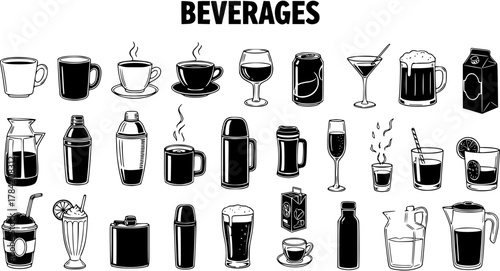 Detailed black and white vector set of various beverages in different containers, including coffee, tea, alcohol, and soft drinks, in a hand-drawn line art style.