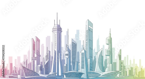 Vibrant futuristic cityscape with modern skyscrapers showcasing innovation and progress in a clean, bright, and dynamic urban skyline