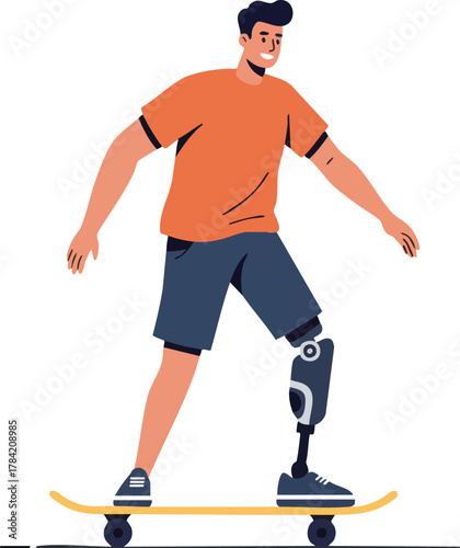 A man with a prosthetic leg riding a skateboard with a smile on his face on a white background.