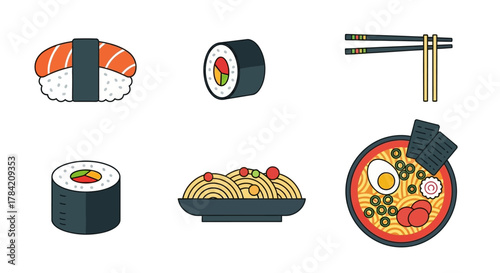 Vibrant collection of delicious Japanese food icons including sushi, ramen, and noodles, perfect for culinary projects.