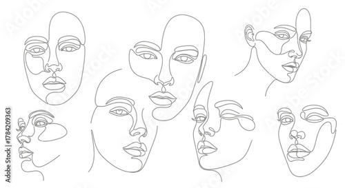 Stunning collection of abstract single line art faces conveying diverse emotions and modern elegance for artistic projects and branding