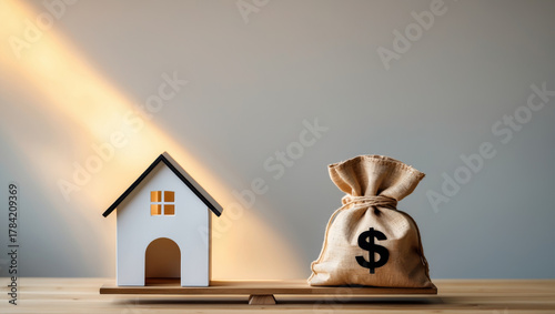 Real estate investment concept with home and money bag representing property value and housing market balance.