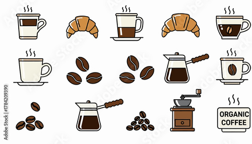 Savoring morning bliss with steaming coffee cups, fresh croissants, roasted beans, and brewing tools for your perfect cafe experience.