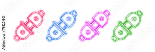 Neon glowing electrical plug connector vector icons set, adapter, power, electricity, connection, socket, charge, vibrant colorful digital design illustration on transparent background.