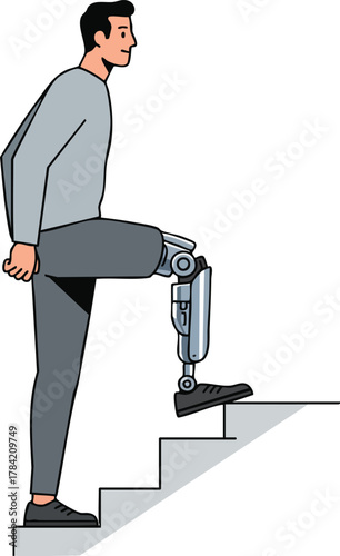A man with a prosthetic leg steps up a staircase, depicted in a 2D flat illustration style.