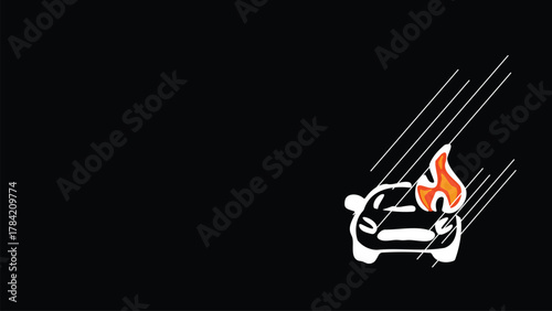 High contrast hand-drawn doodle vector featuring a burning car and rain lines on a solid black background. Wide copy space is provided for text or branding. Ideal for insurance, emergency concepts.