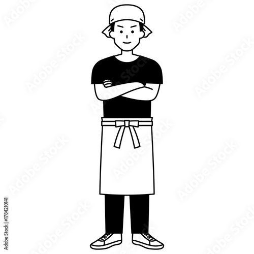 腕組みする居酒屋の男性店員（全身）