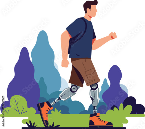 A man with prosthetic legs runs in a natural outdoor setting with trees and grass.