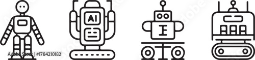 Outline Icon Set of AI Robots, Treads, and Automated Machinery
