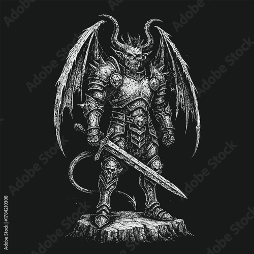 Gothic Winged Demon Warrior in Full Armor Holding Sword