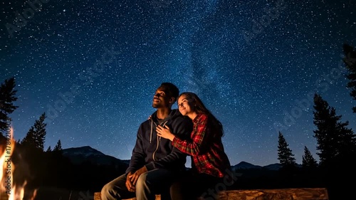 A couple enjoying a cozy campfire under a starry night sky in a serene mountain setting