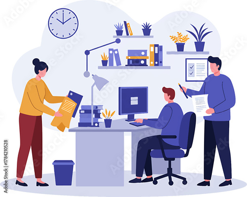 Office Teamwork: Three People Working in a Modern Office Space.