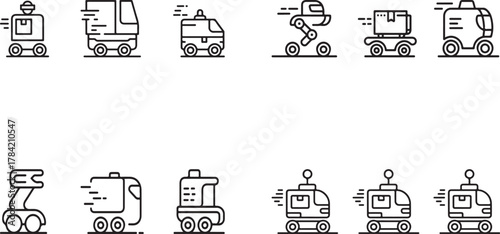 Set of Autonomous Delivery Robot and Courier Vehicle Outline Icons - Future Logistics Vector