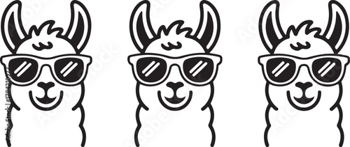 Set of Three Cool Llama Heads Wearing Sunglasses Vector Icon: Fun, Hipster, and Trendy Animal Design