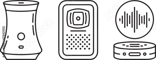 Smart Speaker and Voice Assistant Line Icons Set: Audio Technology, Sound Waves, and Digital Control