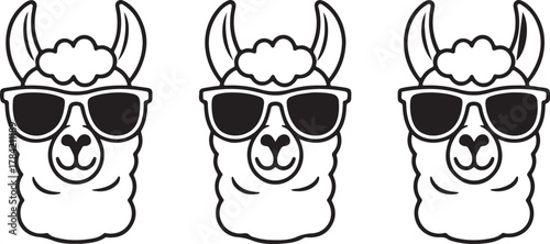 Triple Cool Llama or Alpaca Heads Wearing Sunglasses Vector Icon: Summer, Hipster, and Fun Animal Design