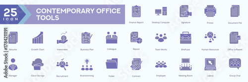 Contemporary Office Tools icons collection vector images Duotone Set.
containing several repost, desktop computer, grow chart, document file, laptop and more.
for Web icons set.