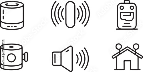 Smart Home Technology and Voice Assistant Icon Set: Speaker, Sound, and Wireless Communication