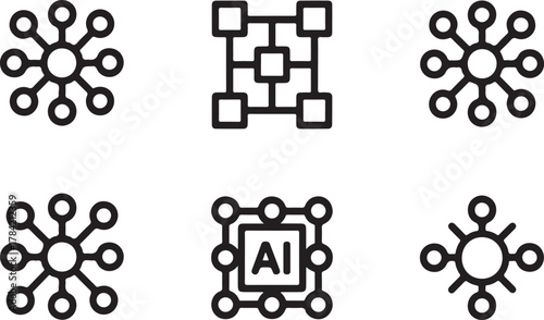 Blockchain, Neural Network, and Artificial Intelligence Icons Set: Decentralized Technology and Data Structure