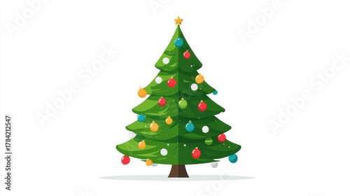  Christmas tree, festive element, flat vector design, bright green with colorful baubles, isolated on white background.