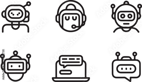 Chatbot and AI Customer Service Line Icons Set: Virtual Assistant, Support, and Conversation