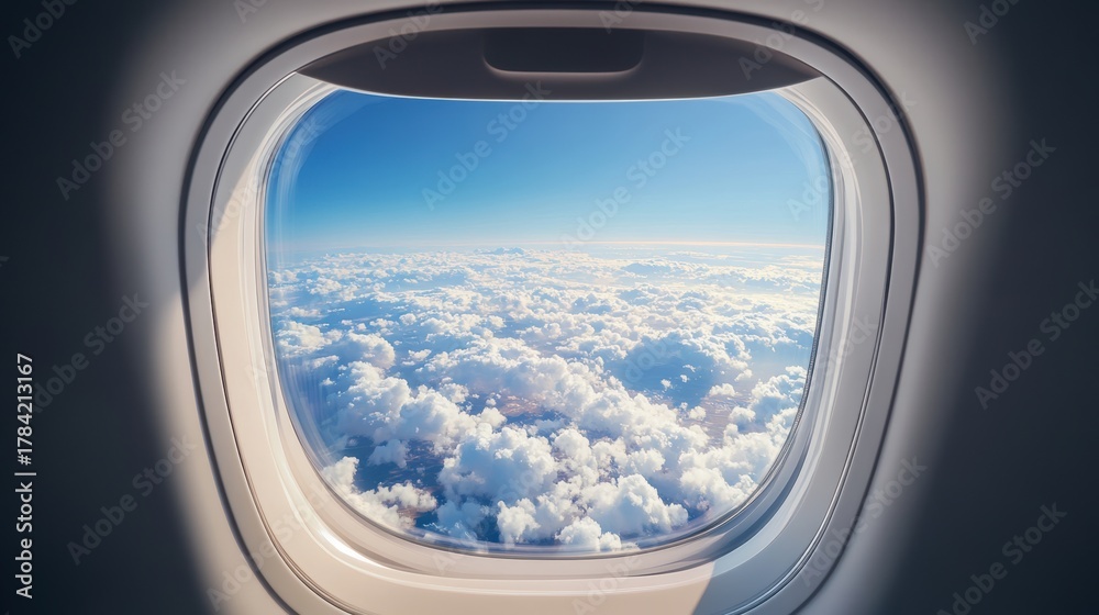 Obraz premium Aerial view of fluffy clouds and blue sky seen through airplane window during daytime