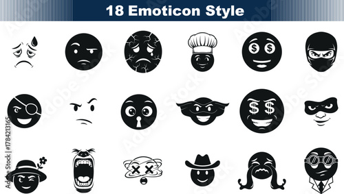 Collection of eighteen black and white emoticon style icons