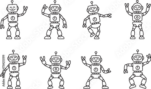 Cute Cartoon Humanoid Robot Waving and Posing Outline Vector Icon Set