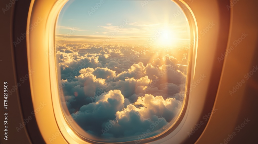 Obraz premium Sunset view through airplane window with clouds and golden sunlight illuminating the sky