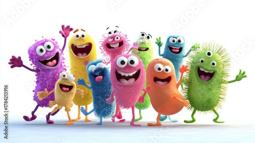 A whimsical depiction of a bacteria party, animated characters, joyful expressions, isolated on white background. 