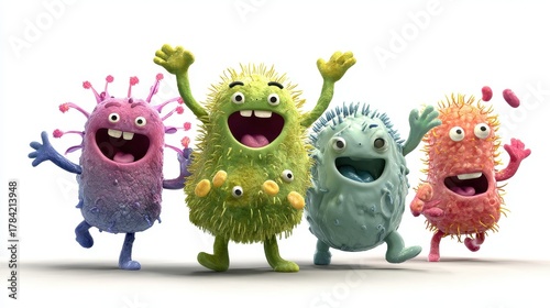 A whimsical depiction of a bacteria party, animated characters, joyful expressions, isolated on white background. 