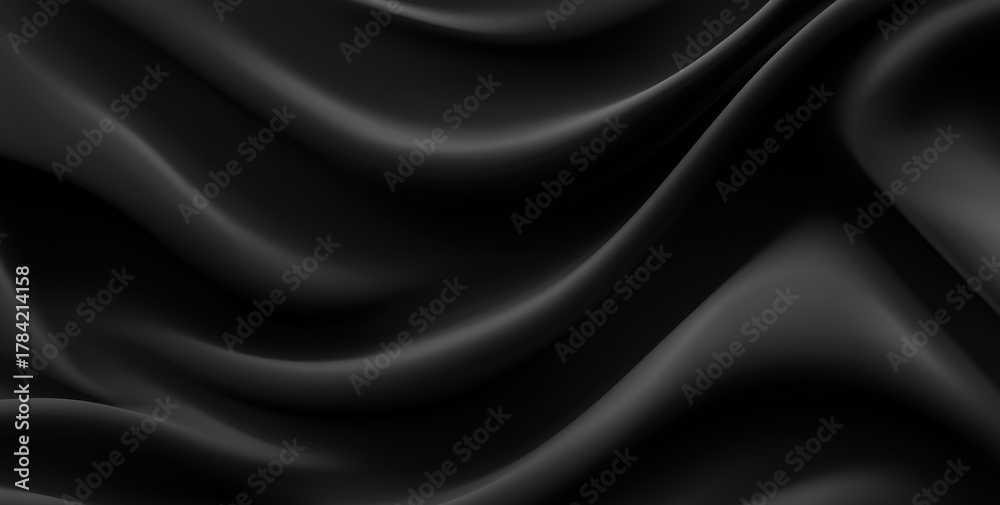 Fototapeta premium Abstract black wave fluid texture on dark background with soft curved cloth forms and smooth elegant design