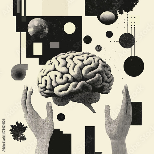 A surreal collage featuring two hands reaching towards a stylized brain, surrounded by abstract geometric shapes and patterns in black and white   , vector style simple color
