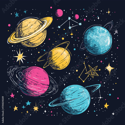A colorful illustration of planets, stars, and constellations on a dark background, featuring various celestial bodies in vibrant hues   , vector style simple color