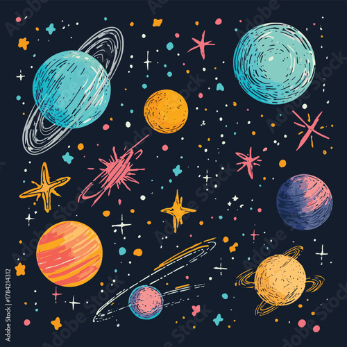A colorful illustration of planets, stars, and constellations on a dark background, featuring various celestial bodies in vibrant hues   , vector style simple color