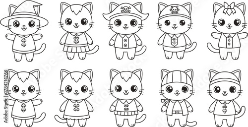 Cartoon cats in costumes, wizard, pirate, schoolgirl, skull dress, striped outfits, character design, cute illustration, playful style, themed animals, children’s artwork