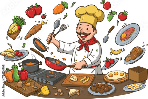 Cartoon chef cooking food, kitchen scene, culinary art, vegetables, fruits, baked goods, meal preparation, happy cook, cooking utensils, delicious dishes, food creativity